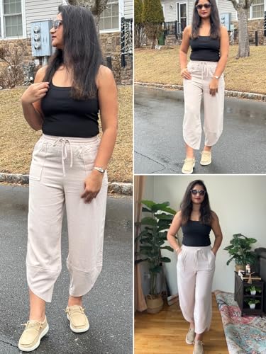 grewley Women Pants Casual Wide Leg Palazzo Pants for Women Drawstring Elastic Waist with Pockets Beach Apricot XL — view 4