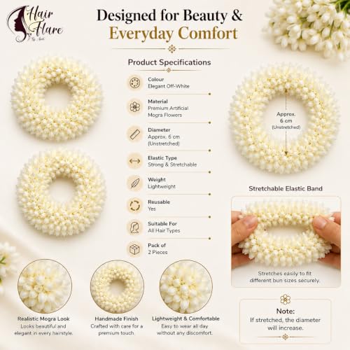 Image of Hair Flare Pack of 6 Scented Mogra Gajra Hair Accessories For Women & Girls - Hair Flower Bun Artificial Fake Gajra Scrunchies Rubber Band - Premium & Voluminous 2709