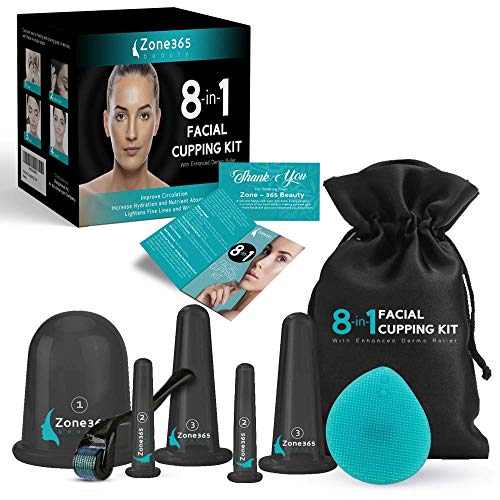 Facial Cupping Set, 8-in-1 Kit, 5 Facial & Body Massage Cups, Derma Roller