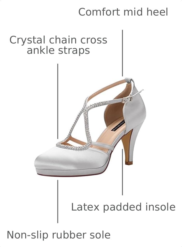 Image of ERIJUNOR Women Comfort Low Heel Closed-Toe Ankle Strap Platform Satin Bridal Wedding Shoes