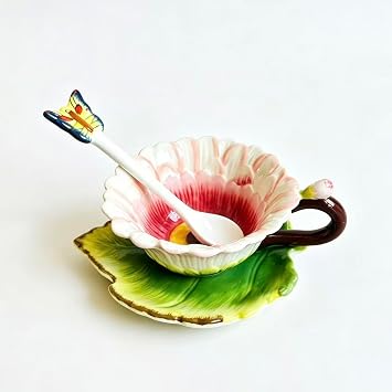 Ceramic Tea Cup and Saucer Set ,8OZ 3D Hand-Painted Daisy Flower Coffee Mug,Gift for Women, Medium, Red