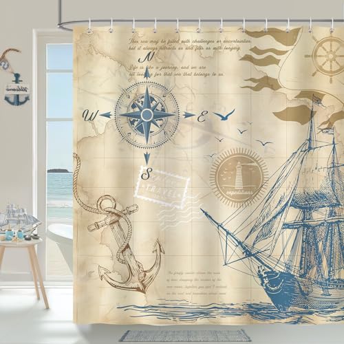 COZZSNUGE Duschvorhang 180 x 180 cm Nautisch, Gelb Anker Kompass Segelboot Vintage Maritim Duschvorhänge Anti-schimmel Wasserdicht Polyester Stoff Badvorhang mit 12 Duschvorhangringen