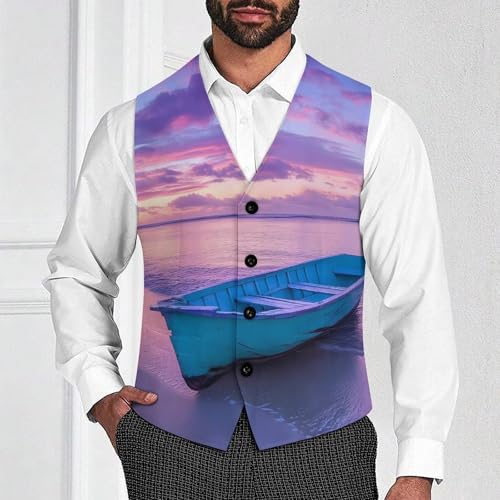 Hawaii Sunset Boat Landscape Men's Suit Vests Business Formal Dress Vest V-Neck Waistcoat for Wedding Casual2