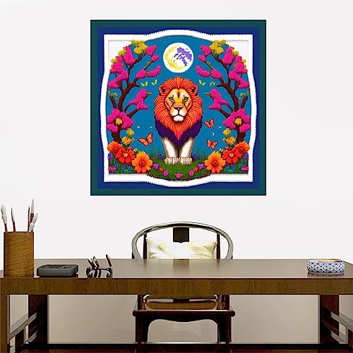 Image of Joyhoor Cross Stitch Kits for Beginners Stamped Cross-Stitch Supplies Needlework preprint Embroidery Kits for Adults DIY Needlepoint Kits Embroidery Patterns 11CT-Colorful Lion Moon 17.7x17.7 inch