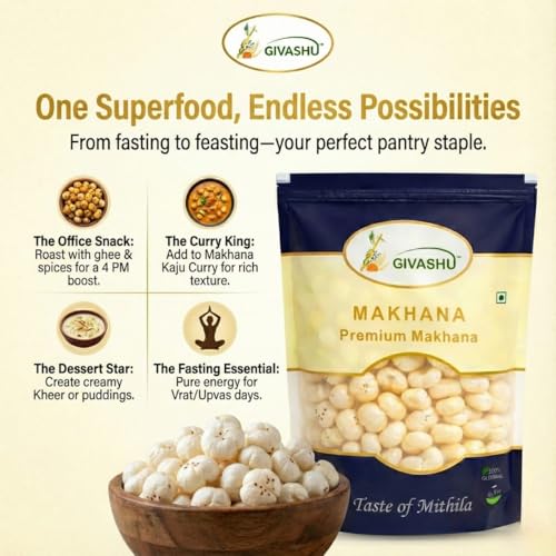 Image of Pack of 2 (250 gm Each) GIVASHU Authentic Mithila Unpolished Hand-Picked Phool Makhana | 100% Natural & Gluten-Free Foxnuts | High Protein & Fiber, Low Calorie Weight Loss Superfood | Lotus Seeds for Eating | Perfect Healthy Snack