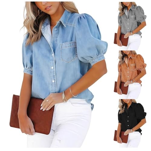 Short Sleeve Denim Shirt for Women Washed Distressed Puff Sleeve Denim Jacket Button Up Jean Shirt Work Business Top4