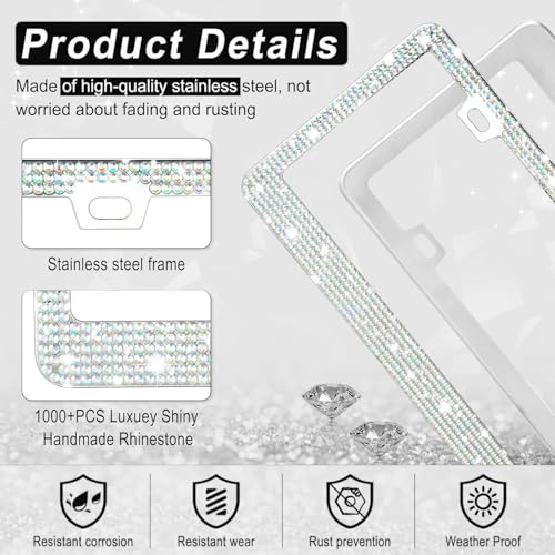 Image of Amiss Bling License Plate Frame for Women, 2Pack Rhinestone Handcrafted Crystal Premium Stainless Steel, Stainless Steel Car Decorative Accessories with Diamond Sparkle Glitter Caps (Colorful)