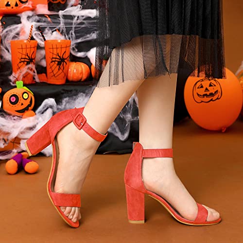 Image of Allegra K Women's Open Toe Chunky High Heel Buckle Ankle Strap Sandals | 3 3 /8 inches Heels with Faux Suede, Comfortable Block Heels Sandal for Women, Summer Dressy Shoes