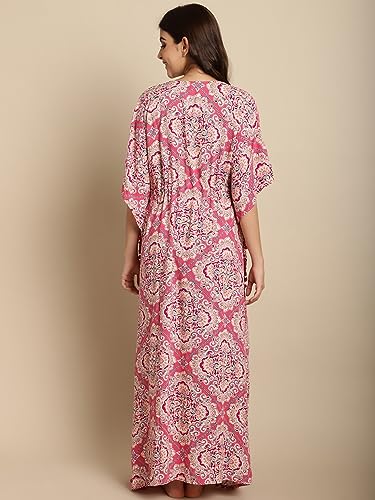 Image of Secret Wish Women's Rayon Pink Kaftan Nighty /Free Size /Scree Print /Drawstring /Nightdress /Nightwear /Full Length