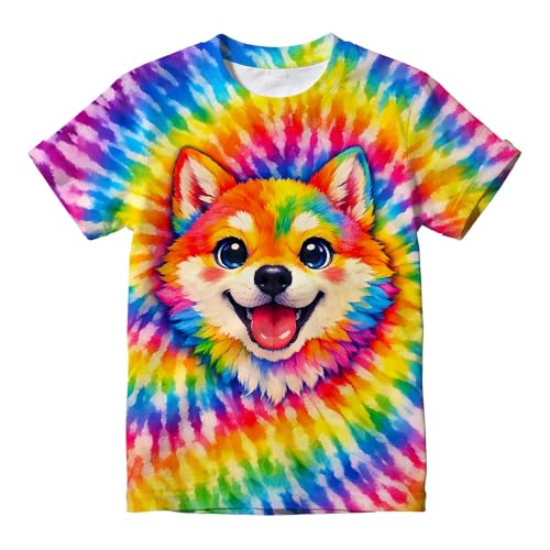 AXWRFSD Kids Rainbow Tie Dye T Shirt Short Sleeve Shiba Inu Shirt Dog Animals Graphic Tee for 4-5 Toddler Boys Girls Summer Top