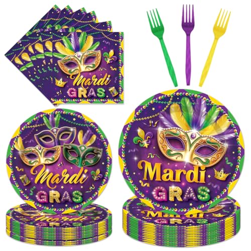 EUOYUFO 96Pcs Carnival Theme Party Tableware SetPaper Plates Napkins Forks Fat Tuesday New Orleans Masquerade Theme Party Supplies Serve 24 Guests