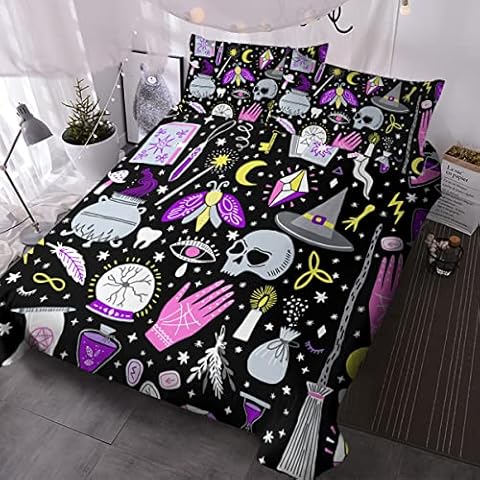 BlessLiving Halloween Witch Items Bedding Double Witchcraft Duvet Cover Set 3 Piece Quilt Cover and 2 Pillowcases Wiccan Gift (Purple Pink and Black) Cover
