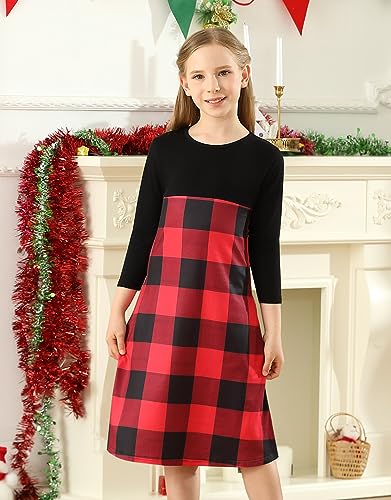 KYMIDY Girls Buffalo Check Plaid Dress Kids 3/4 Sleeve Casual Midi Dresses with Pockets for Girls 6-14 Years2