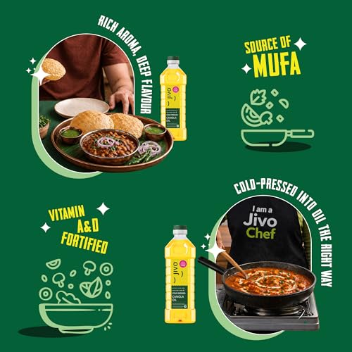 Image of JIVO Canola Cold Pressed Edible Oil 1+1 Litres | Cooking Oil for Daily Use, Ideal for Roasting, Frying, Baking & All Types of Cuisines | Cold Pressed Oil for Cooking (Pack of 3)
