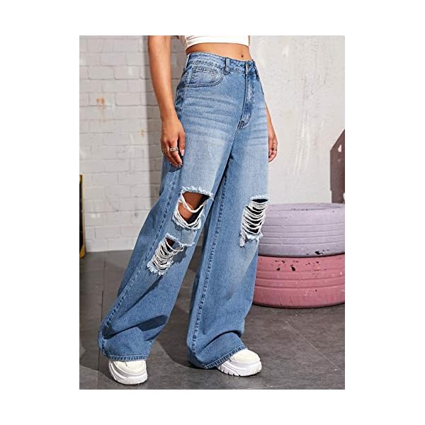 SweatyRocks-Womens-Casual-Loose-Ripped-Denim-Pants-Distressed-Wide-Leg-Jeans SweatyRocks Women's Casual Loose Ripped Denim Pants Distressed Wide Leg Jeans Blue Medium