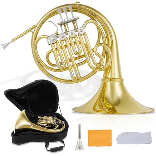 AKLOT Hand-Hammered Single French Horn: Bb 4-Key French Horn with Yellow Brass Body