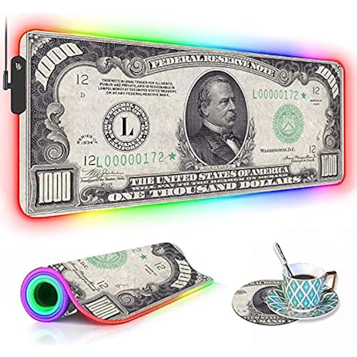 RGB Gaming Mouse Pad with Coffee Coaster, XXL Large Glowing LED Mousepad, Anti-Slip Rubber Base, Computer Keyboard Desk Mouse Mat 31.5 X 11.8 Inch - 1000 Dollar Bill