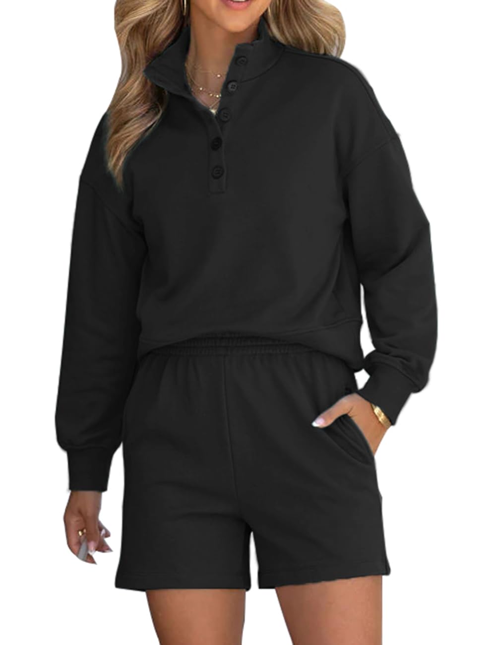 FUPHINE Women 2 Piece Outfits Sweatsuit Long Sleeve Button Down Pullover and Shorts Set with Pockets X-Large B-black