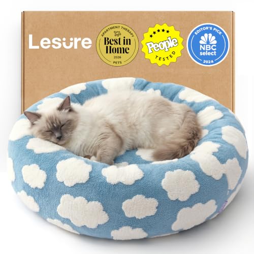 Image of Lesure Shown on TV Donut Cat Beds for Indoor Cats - Small Round Dog Bed for Calming Pets as Gift with Washable Cover, Cute Modern Puppy Bed with Jacquard Shaggy Plush & Anti Slip Bottom, 20 Inch, Blue