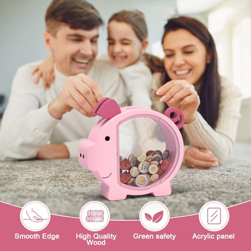 Image of Piggy Bank for Kids Girls, Pink Kids Piggy Bank with Creative DIY Stickers