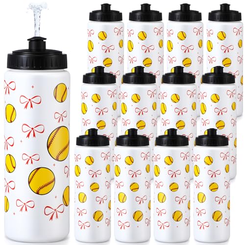 CHENGU 12 Pcs Water Bottle Bulk 20 oz Pink Bow Sports Ball Bottle Reusable Squeeze Plastic Easy Carry Leak Proof Cup Accessories for Team Sports Players Lovers Gym Party Favors Gifts(Softball)