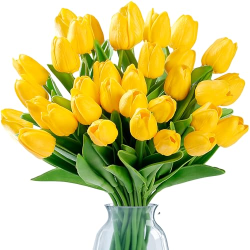 Sggvecsy 30 Pcs Fake Tulips Artificial Flowers Real Touch PU Faux Flowers Tulip Stems for Wedding Spring Bouquet Floral Arrangement Home Party Office Decorations for Mothers Day (Dark Yellow)