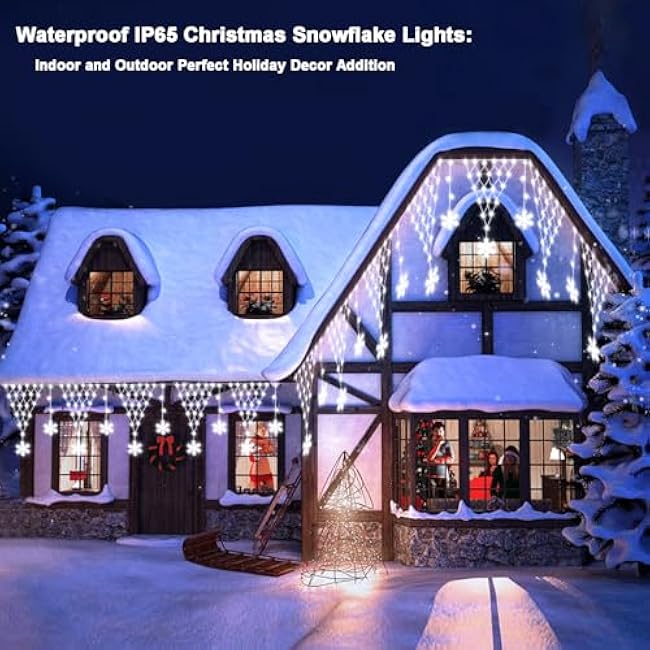 DBFAIRY Christmas Net Lights Plug in, 207 LED 13.1Ft x1.9Ft Snowflake Hanging Net Lights Outdoor Waterproof with Timer Christmas Decor for Balcony Porch Fence Window Railing (Cool White)