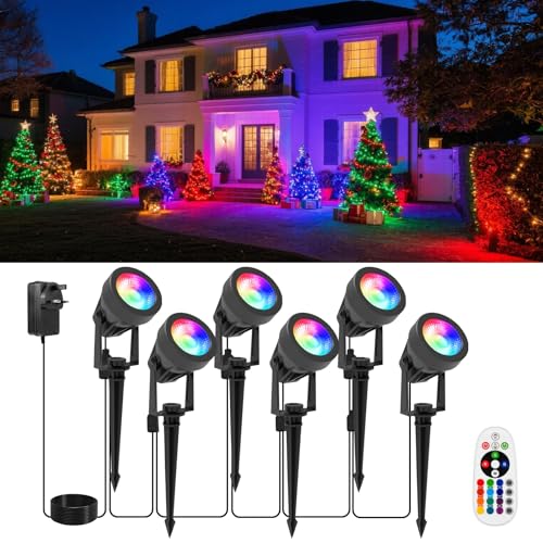 NATPOW Garden Lights Mains Powered, RGB Landscape Spot Lights with Remote Control 16 Colors Changing LED Spike Light with Adapter, IP65 Waterproof for Outdoor Christmas Decorations, Yard, Pathway