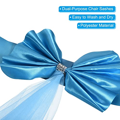 PATIKIL Stretch Satin Chair Sashes Bows, 12 Pack Chair Bands Decoration with Mesh Yarn Floating Tied for Wedding Banquet Events Blue - Image 3