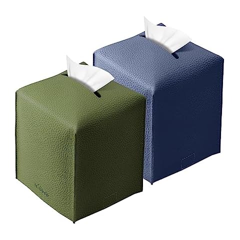 Tissue Box Cover, Tclouda, Modern PU Leather Square Tissue Box Holder for Creative Decorative, 2 Pack, Ideal for Bathrooms/Office/Nightstand Tent/Dining Table, 5"X5"X5", Green&Navy Blue Cover