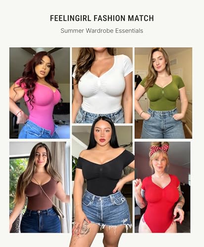 Image of FeelinGirl Short Sleeve Shapewear Bodysuit for Women V Neck Tummy Control