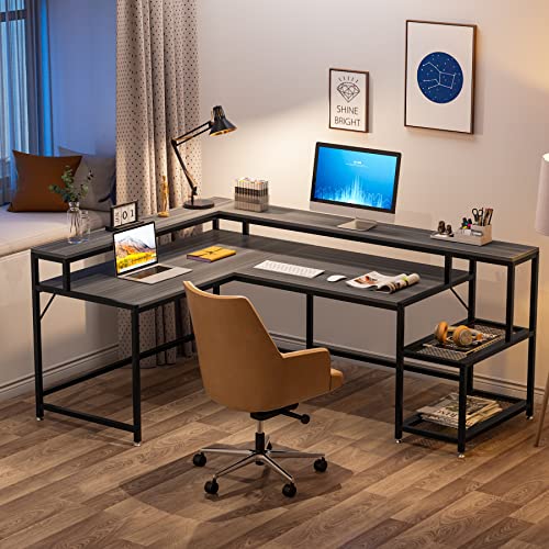 Tribesigns 69 Inch L Shaped Desk With Monitor Stand, Large Reversible Corner Desk With Storage Shelf, Industrial Computer Table Writing Desk For Home Office, Gray #TOP7