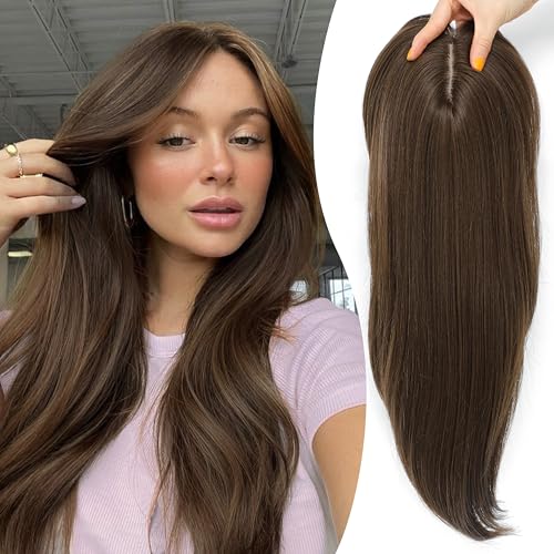 Image of Synthetic Hair Topper with Bangs 18 Inch Layered Toppers for Women with Thinning Hair 5.5 inch x 5 inch hand Tied Forehead Hairline 360 3D Cover Wispy Synthetic Toppers Hair for Women Fiber Wiglets