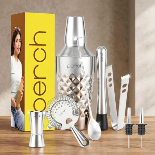 Image of O' Holic by Perch Craft 8-Piece Stainless Steel Bartender Kit|Premium Cocktail Shaker Set with Jigger 30 /60ml, Spoon,Pourer,Ice Tong, & Bar Tools|Professional Bar Set for Home &Tour Parties|Silver