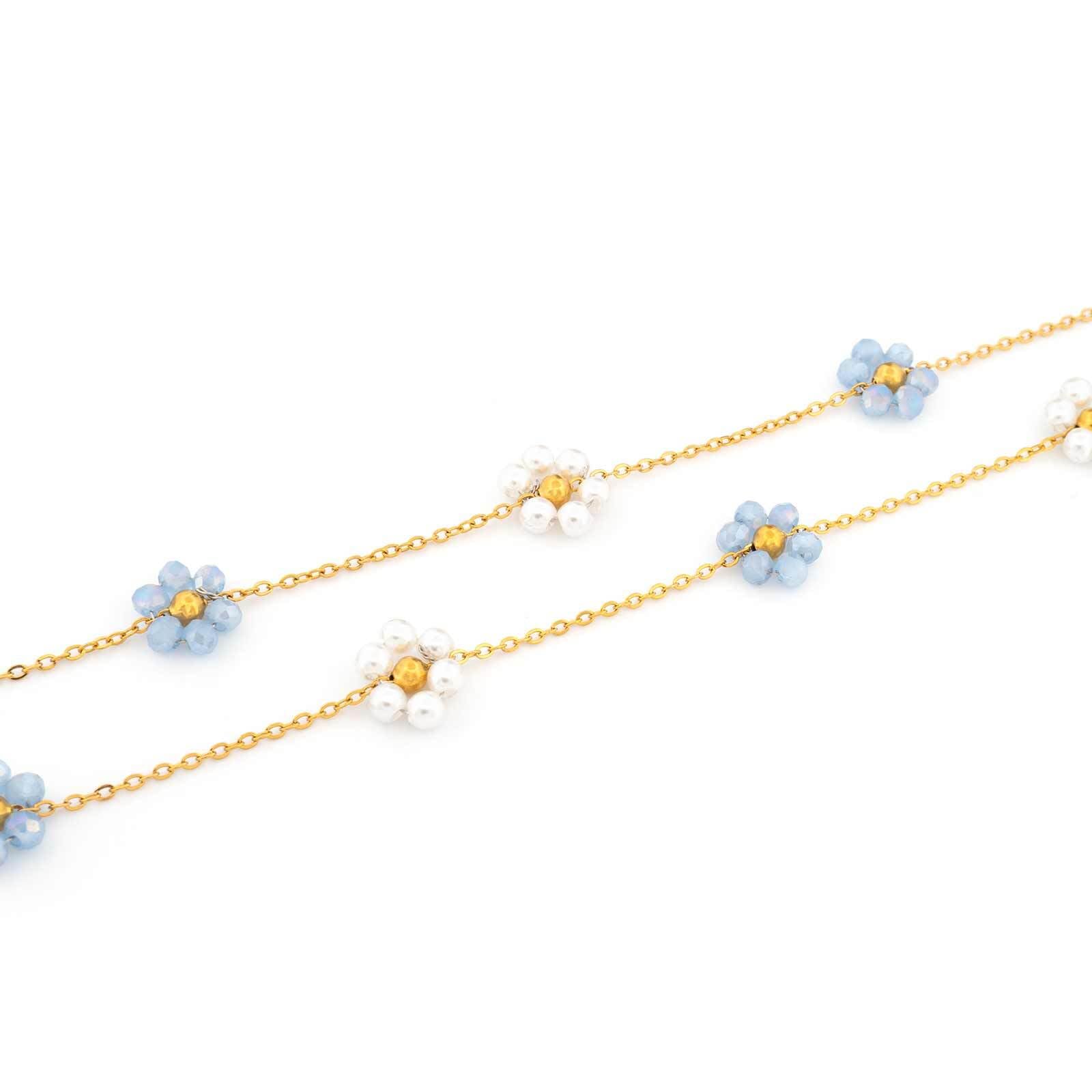 Collier Chaîne D'ancre Avec Fleurs En Perles Bleues/blanches - Acier Inoxydable Doré IP - Pour Bijoux DIY
