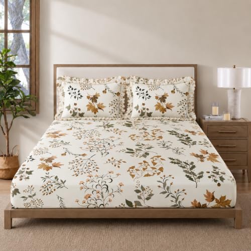 Image of VOMZER King Size (72x78) 300 TC Soft Cotton Feel Microfiber All Around Elastic Fitted Double Bedsheet with 2 Frill Pillow Covers | Maple Tree