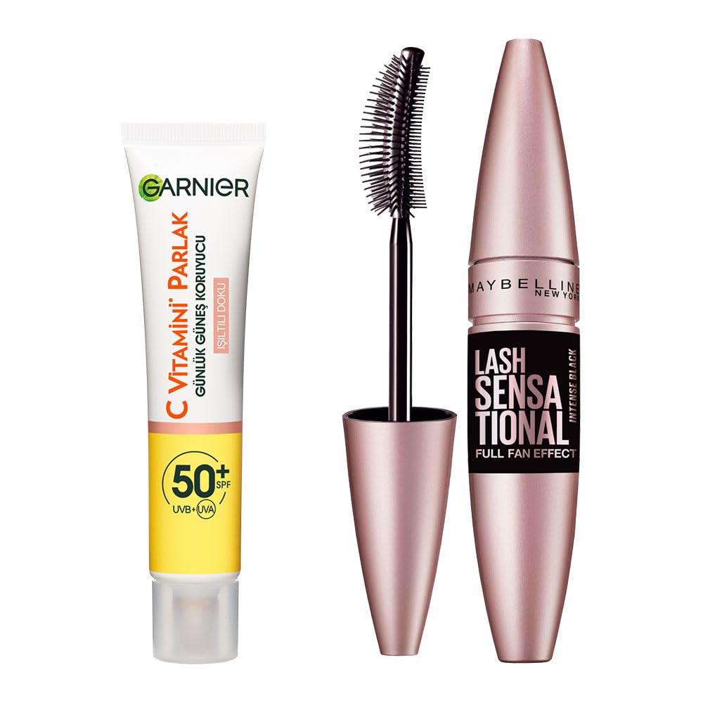 Garnier C Vitamini Parlak Günlük Uv Korumalı Güneş Yüz Kremi Spf50 Işıltılı Doku 40ml & Maybelline New York Lash Sensational Yelpaze Etkili Intense Black Maskara