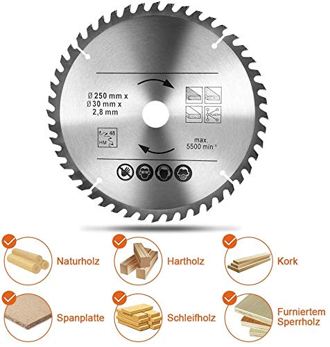 Hoja de Sierra Circular Optiline Wood, 250x30mm, 48T y 60T, Profesional para Corte de Metal y Madera, Compatible con Sierras Circulares de Mesa