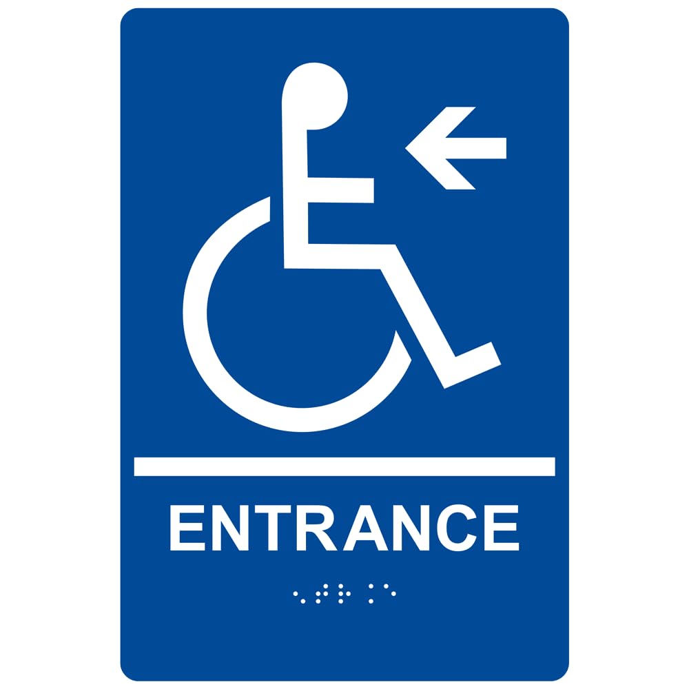 ComplianceSigns.com Accessible Entrance Left Sign, ADA-Compliant Braille and Raised Letters, 9x6 in. Blue Acrylic Plastic with Mounting Strips