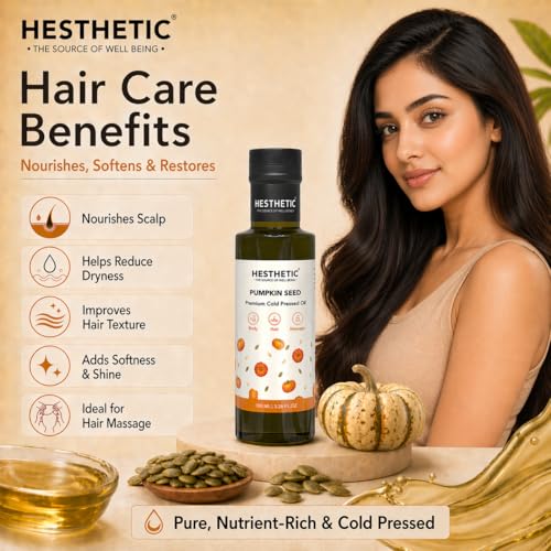 Image of HESTHETIC Cold Pressed Pumpkin Seed Oil 100ml for Hair, Scalp & Skin | Unrefined Virgin Beauty Oil Rich in Zinc & Plant Omega-6 | Glass Bottle | Hair-Thickening Scalp Massage