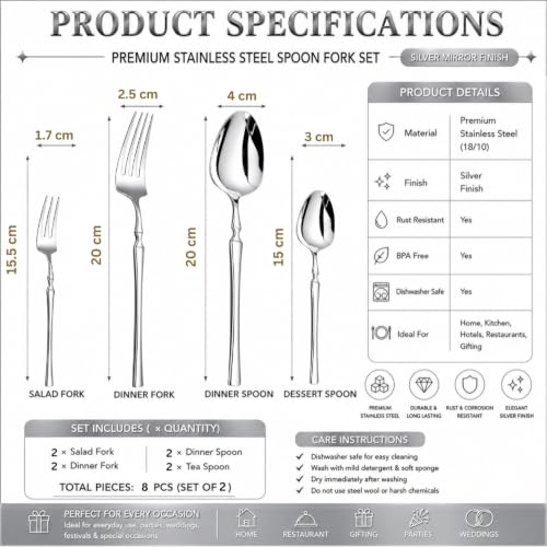 Image of 8 Pcs Silver Stainless Steel Cutlery Set for Dining Table | 2 Dinner Spoons, 2 Dinner Forks, 2 Dessert Spoons & 2 Fruit Forks (Perfect Spoon Fork Set for Kitchen)