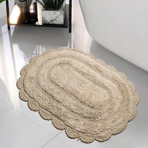 Chardin home Crochet Bathrug, Beige, 100% Cotton, 17x24 Inch Oval