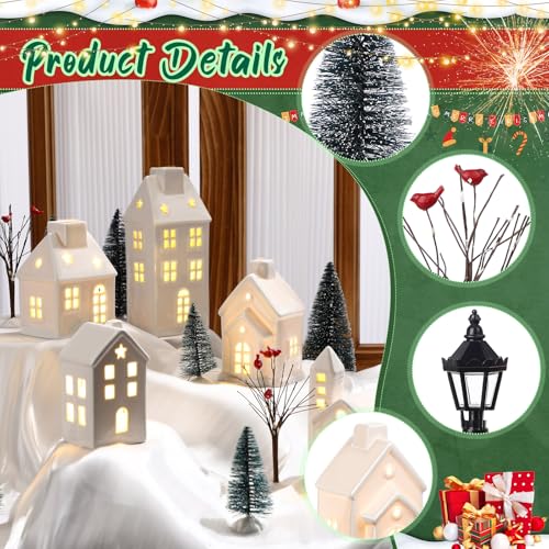 WinnerWhy 24 Pcs Christmas Village House LED Lighted Village Set Mini Christmas Tree Ceramic House Streetlight Branches Winter Accessories Ornament for Xmas Desktop Decor(5 Style)