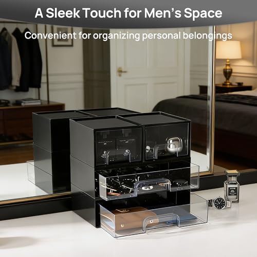 Image of Vtopmart 2 Pack Clear Stackable Storage Drawers, 12.1''W Plastic Organizers Bins for Office Supplies, Ideal for Desk Organization, Black
