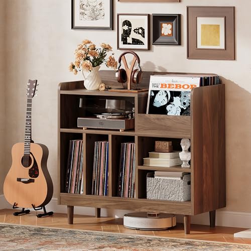 IRONCK Large Record Player Stand with Charging Station Mid Century Record Player Cabinet Vinyl Record Storage Stand Holds Up to 300 Albums Turntable Table with Storage for Living Room
