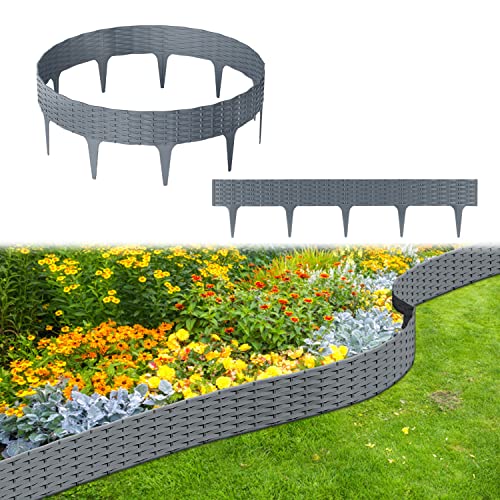 Vigevee Borde de césped de plástico, diseño de ratán, borde de jardín, flexible, resistente a los rayos UV, resistente a la intemperie, estaca para jardín, para decoración (10 m - 10 unidades, gris) Cover