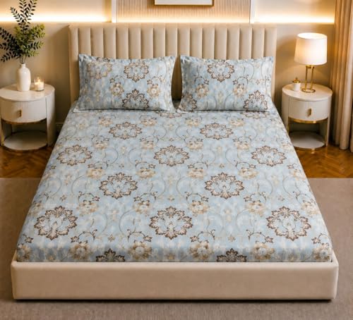 Image of Castiqa Elastic Fitted Supersoft Premium Polycotton 200TC King Size Bedsheets with 2 Pillow Covers (Fits Upto Mattress of 8Inches) (Sky, Full 72x78x8Inch)