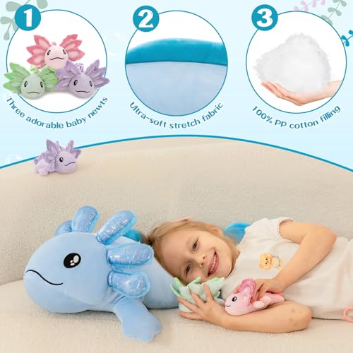Image of MaoGoLan Giant Blue Axolotl Plush with Babies, 33 inch Axolotl Stuffed Animal | 33 Inch Sequin Mommy With 3 Baby Salamanders for Girls Kids, Kawaii Room Decor, Christmas Graduation Birthday Gift