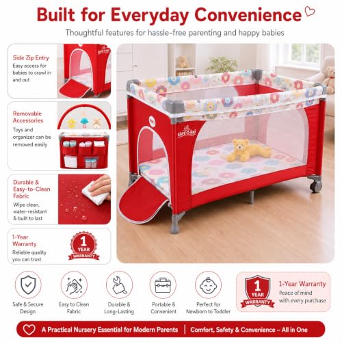 Image of Safe-O-Kid Baby Cot Foldable with Travel Bag | 2-in-1 Baby Playpen & Cot | 1 Year Warranty | Portable Baby Crib with Diaper Changing Station, Music, Toys, Organizer, Breathable Mesh for 0-3 Years - Red