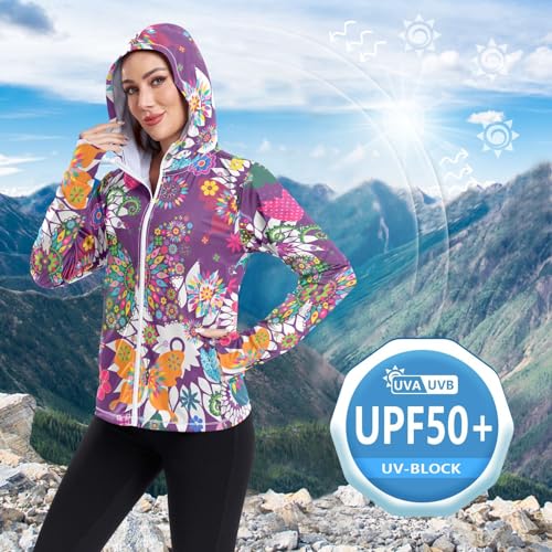 KLL Moletom feminino com capuz e proteção FPS 50+, sem costura, estampa floral branca, Estampa flora